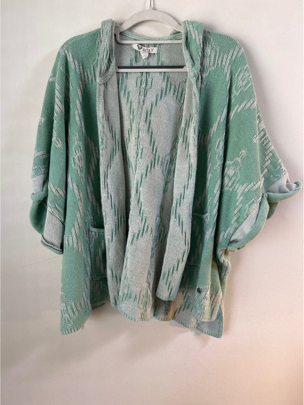Roxy One Size Hooded Knit Cardigan Sweater in Mint Green and Cream